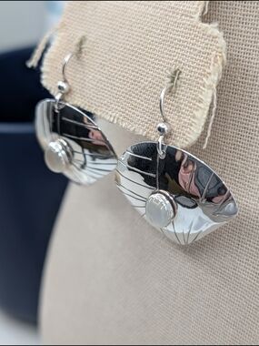 Handmade Sterling Silver Mother of Pearl Fan Drop Earrings Vintage